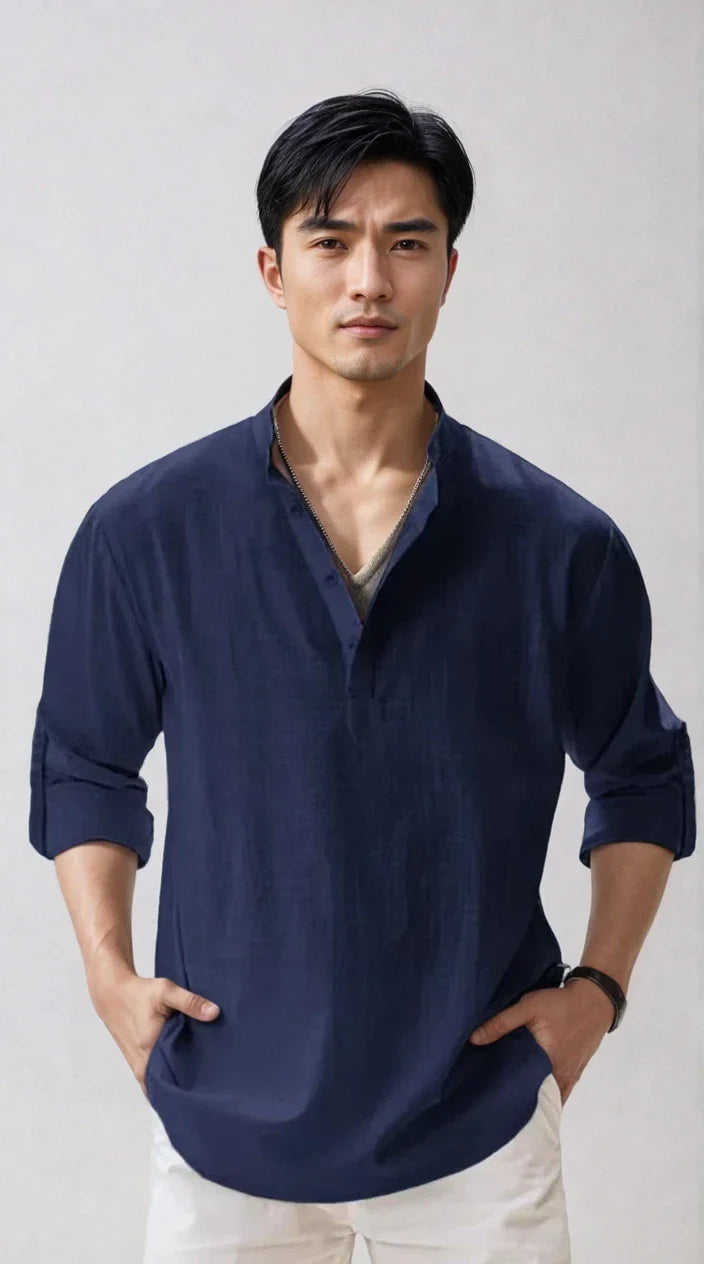 NOUVEAU RICHE Leinenhemd Für Herren Sommerlich Modern Leicht Luftig Blau