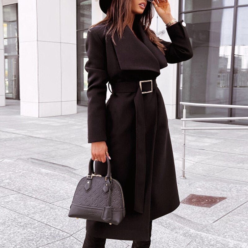 NOUVEAU RICHE Wollmantel Mit Gürtel Eleganter Alltagsmantel Damen Trend - Winterjacke - Wintermäntel Damen Schwarz 1