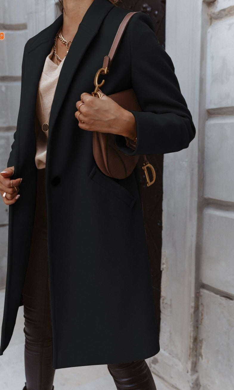 NOUVEAU RICHE Langer Mantel Mit Revers Und Knopf Für Jeden Tag Stil - Winterjacke - Wintermäntel Damen Schwarz