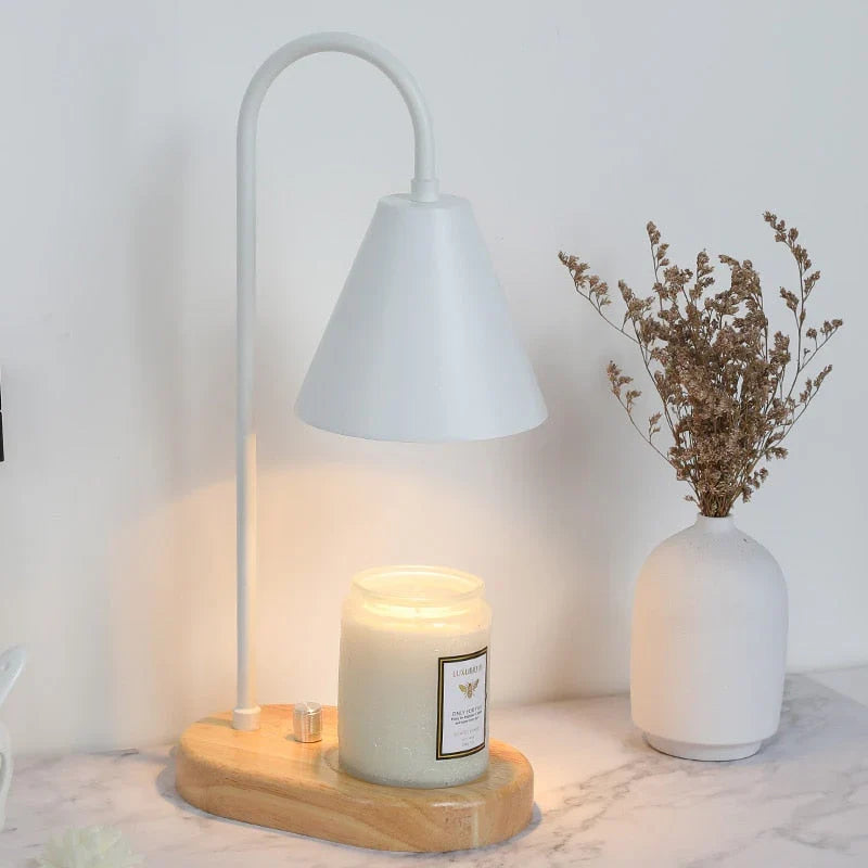 NOUVEAU RICHE Kerzenwärmer mit Dimmer – Candle Warmer Lampe mit Holzfuss & Metallschirm für Duftkerzen, ohne Flamme, inkl. 2 Lampen, 3 Farben Weiss