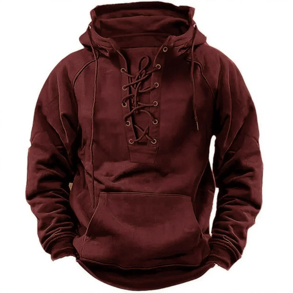 NOUVEAU RICHE Herren Hoodie mit Schnürung – Kapuzenpullover mit Schnür-Ausschnitt & Kängurutasche, 6 Farben, S–3XL – Mane Rot
