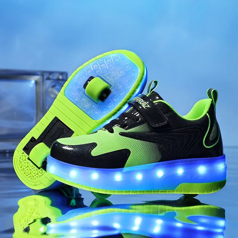 NOUVEAU RICHE LED-Rollschuh-Sneaker für Kinder – Leuchtende Schuhe mit Rollen & Klettverschluss, 4 Farben, Gr. 28–39 812 Grün