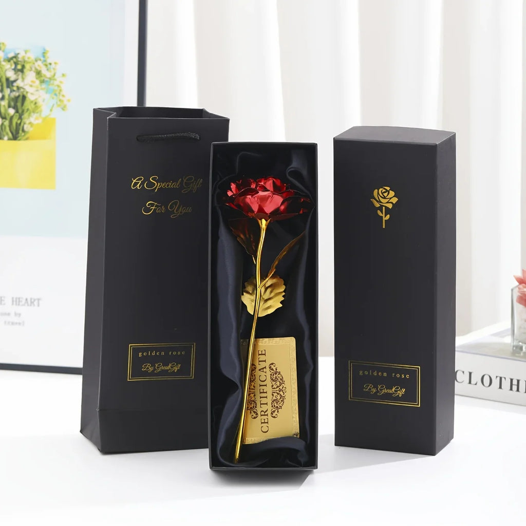 NOUVEAU RICHE Vergoldete Ewige Rose mit Geschenkbox & Grußkarte – Künstliche Ewige Rose als Deko-Geschenk zum Valentinstag, Muttertag & Jahrestag Rot