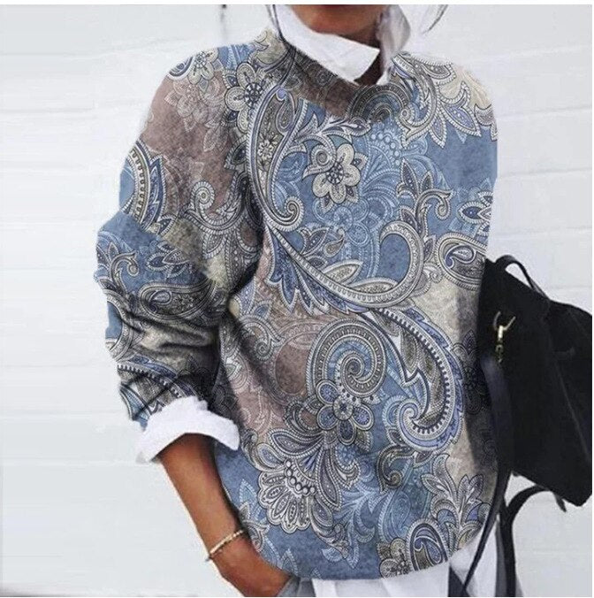 NOUVEAU RICHE Damen Modischer Blumenpullover Stilvolles Blumenmuster Baumwolle Blumen
