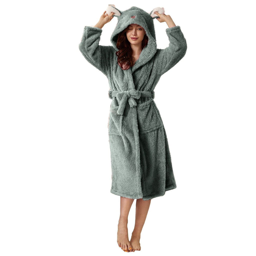 NOUVEAU RICHE Süsser Bademantel mit Tierkapuze – Weicher Plüsch Morgenmantel mit Hasen- oder Fuchskapuze, lang & warm, S–XXL – Zahara