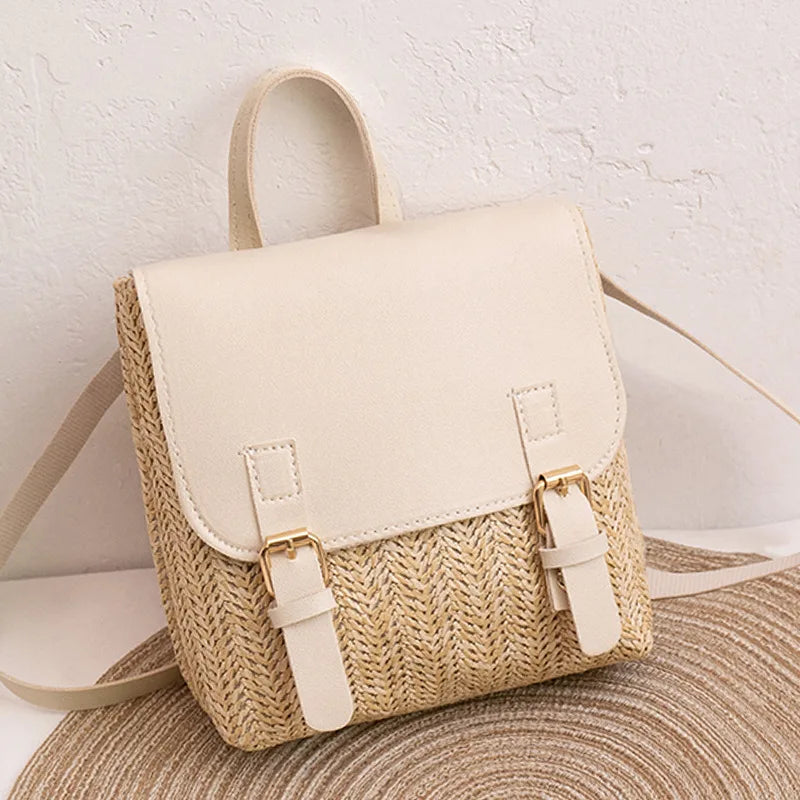NOUVEAU RICHE Damen Vintage Gewebter Rucksack - Boho Sommer Strohtasche - Backpack Weiß