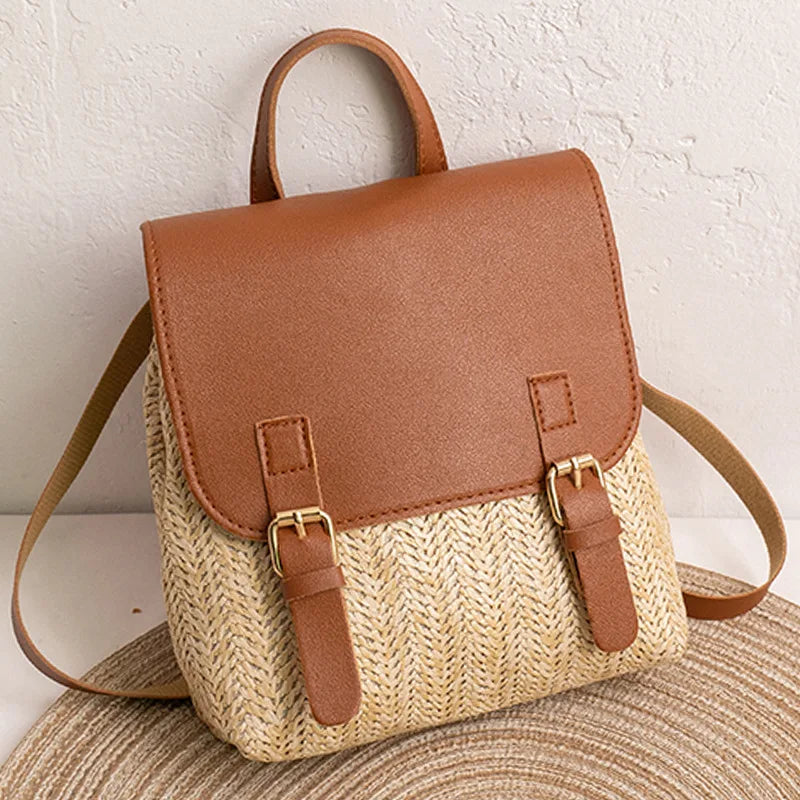 NOUVEAU RICHE Damen Vintage Gewebter Rucksack - Boho Sommer Strohtasche - Backpack Braun