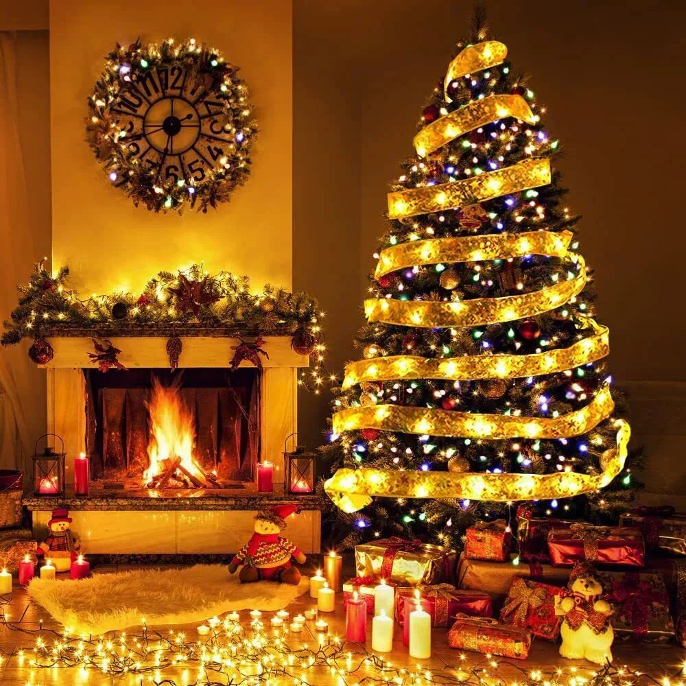 NOUVEAU RICHE Weihnachts-Lichterband – LED Lichterkette mit Organza Schleifenband für den Christbaum, 3 m oder 5 m, 6 Stile – TwinkleRibbon