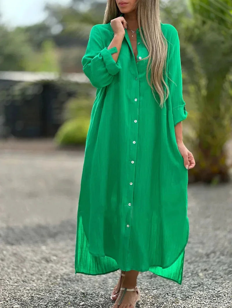NOUVEAU RICHE Pamelo | Maxikleid mit langärmligem Hemdblusen-Design Dunkelgrün