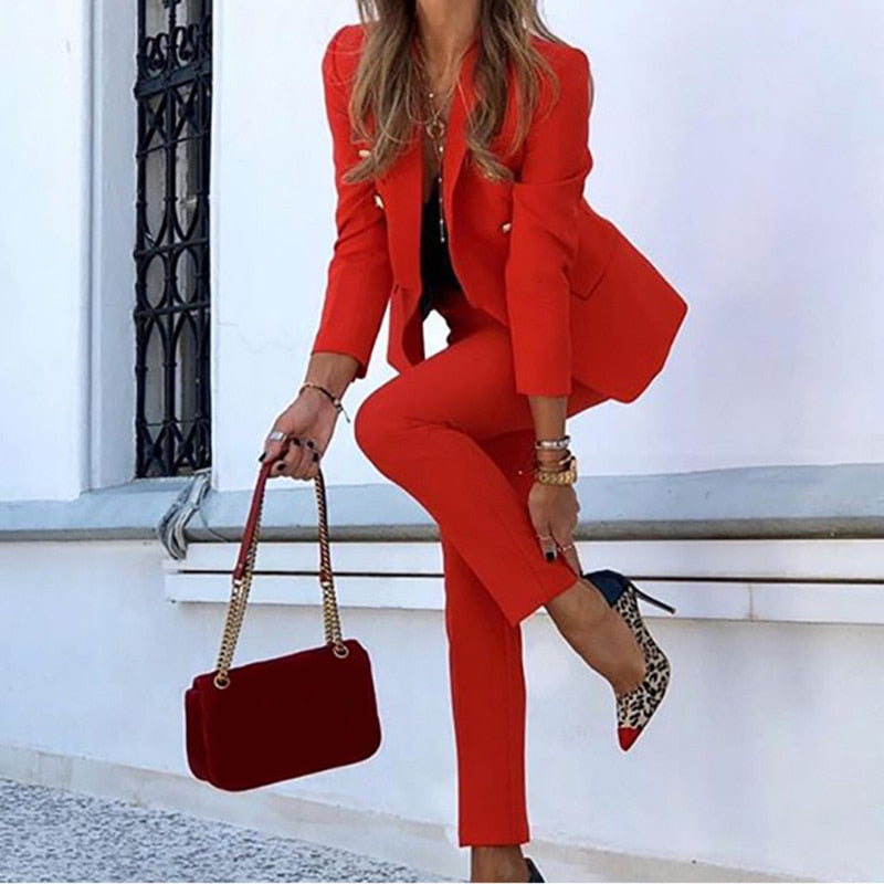 NOUVEAU RICHE Frauen Elegantes Blazer- und Hosen-Set Machtkleidung Stil Rot
