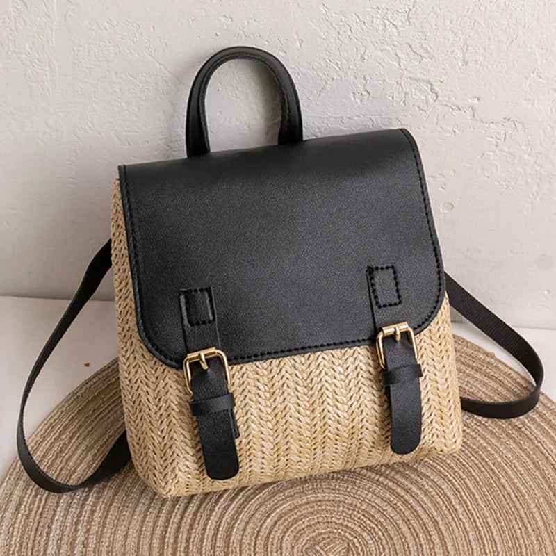 NOUVEAU RICHE Damen Vintage Gewebter Rucksack - Boho Sommer Strohtasche - Backpack Schwarz