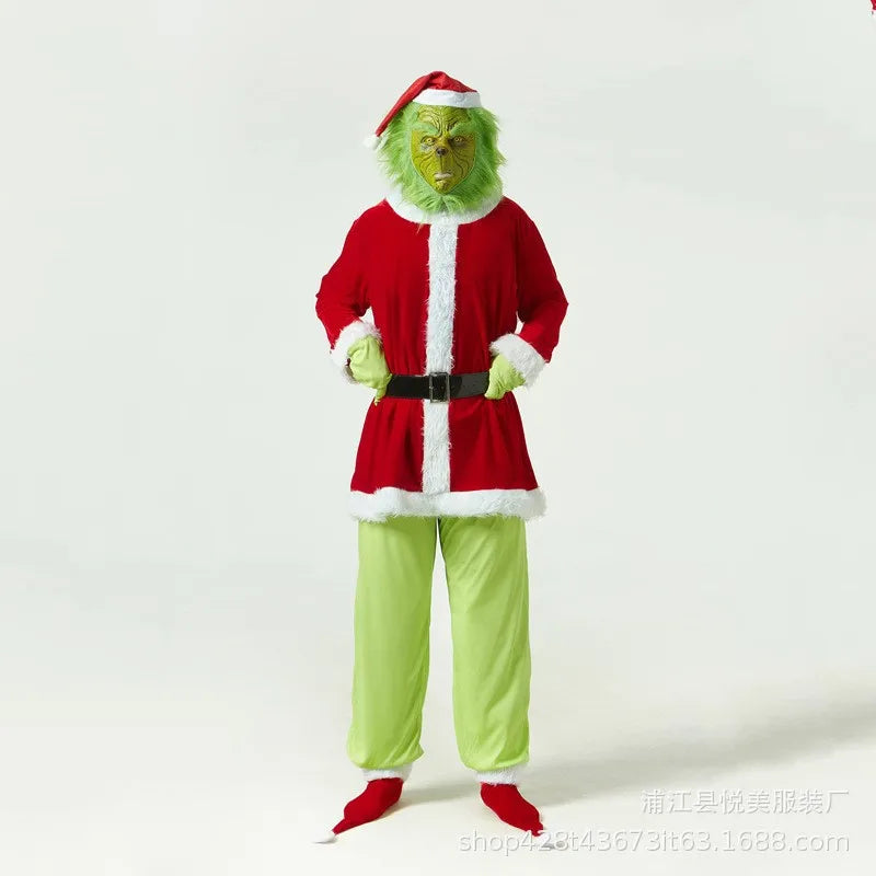NOUVEAU RICHE Grünes Weihnachtskostüm Erwachsene – Komplettes Kostüm mit Maske, Mütze & Handschuhen für Weihnachtsfeier & Theater, S-3XL
