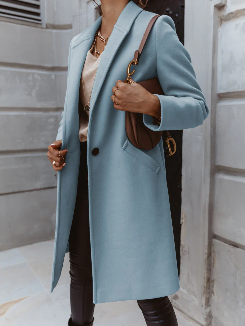 NOUVEAU RICHE Langer Mantel Mit Revers Und Knopf Für Jeden Tag Stil - Winterjacke - Wintermäntel Damen Himmelblau