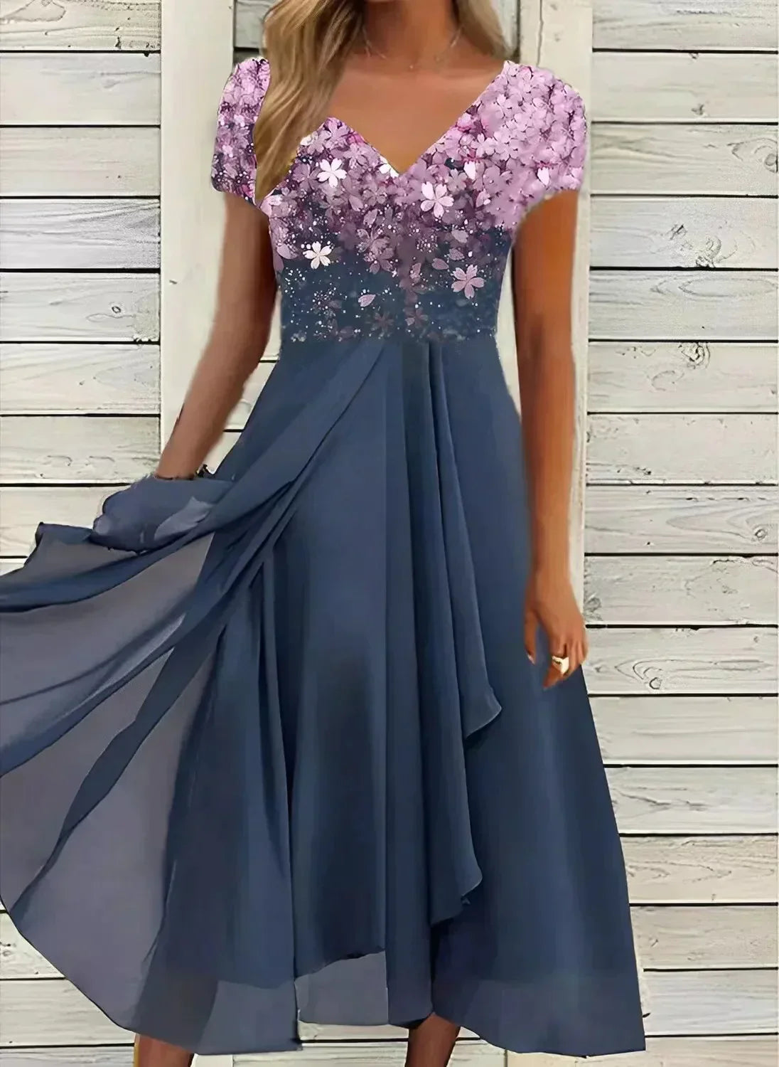 NOUVEAU RICHE Damenkleid Sommer Florales Muster Bequeme Passform Elegant Rosa blau