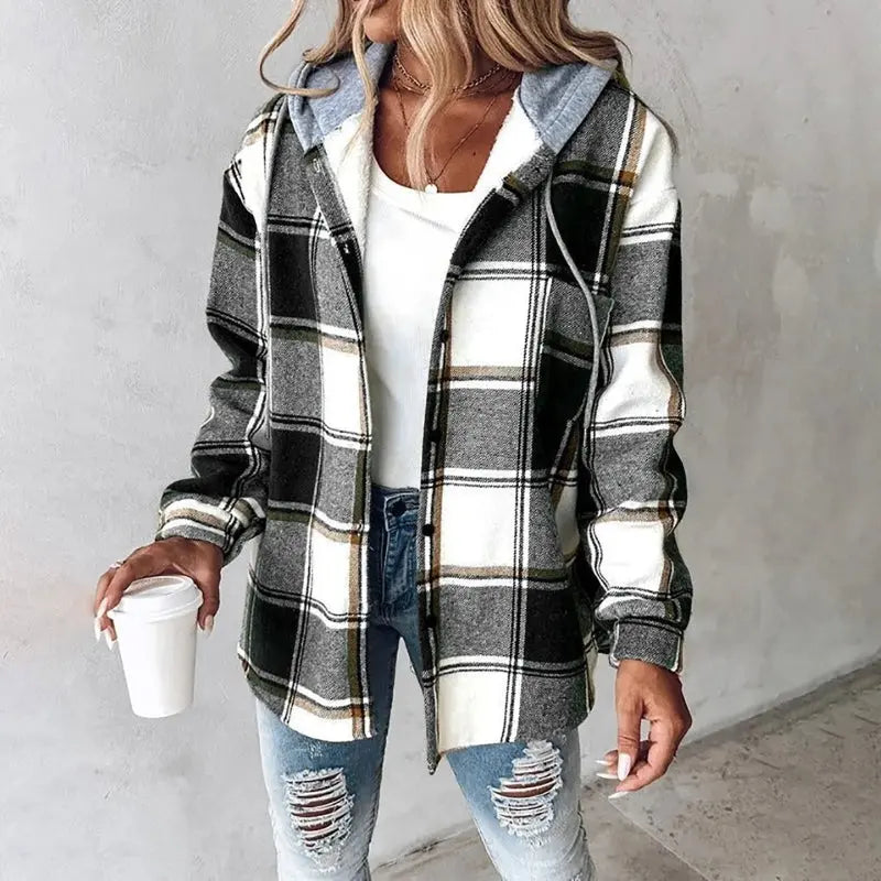 NOUVEAU RICHE Karierte Jacke mit Kapuze – Damen Karojacke mit Kapuze, wärmend & bequem, 6 Farben, S–2XL – Damaris Schwarz
