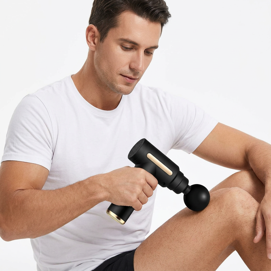 NOUVEAU RICHE USB Mini Massagepistole – kompakte Massage Gun mit 4 Aufsätzen & einstellbarer Intensität – für Sport, Büro & Reisen