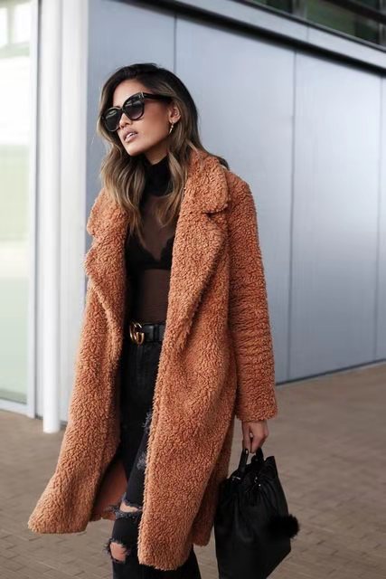 NOUVEAU RICHE Teddy Mantel Versteckte Tasche Weiches Futter Bequem - Winterjacke - Wintermäntel Damen Schokolade