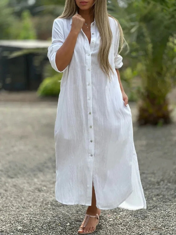 NOUVEAU RICHE Pamelo | Maxikleid mit langärmligem Hemdblusen-Design Weiß