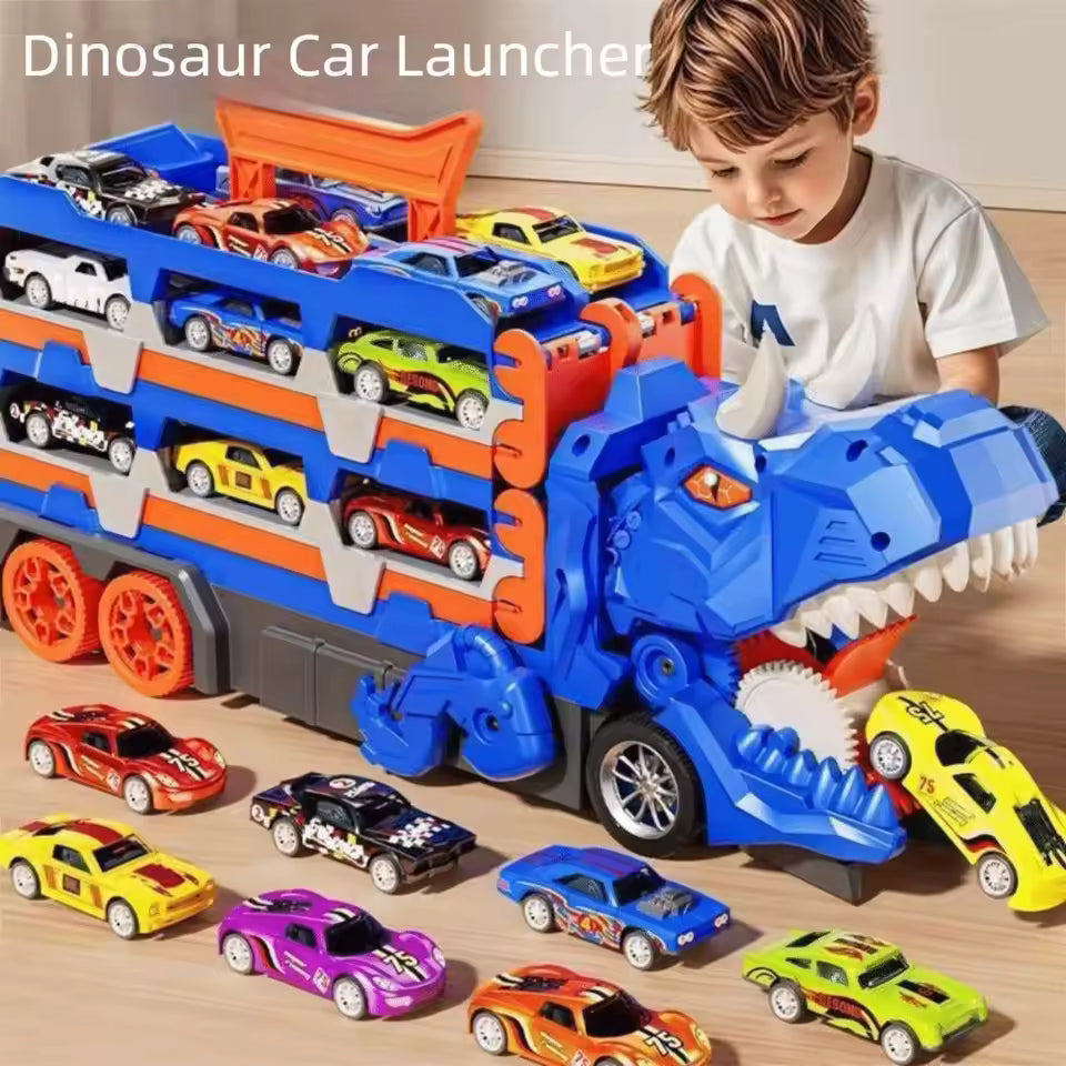 NOUVEAU RICHE Dinosaurier Rennbahn – Spielset, bei dem der Dino zur Autorennbahn wird, mit Aufbewahrung für Rennautos, Spielzeug ab 3 Jahren