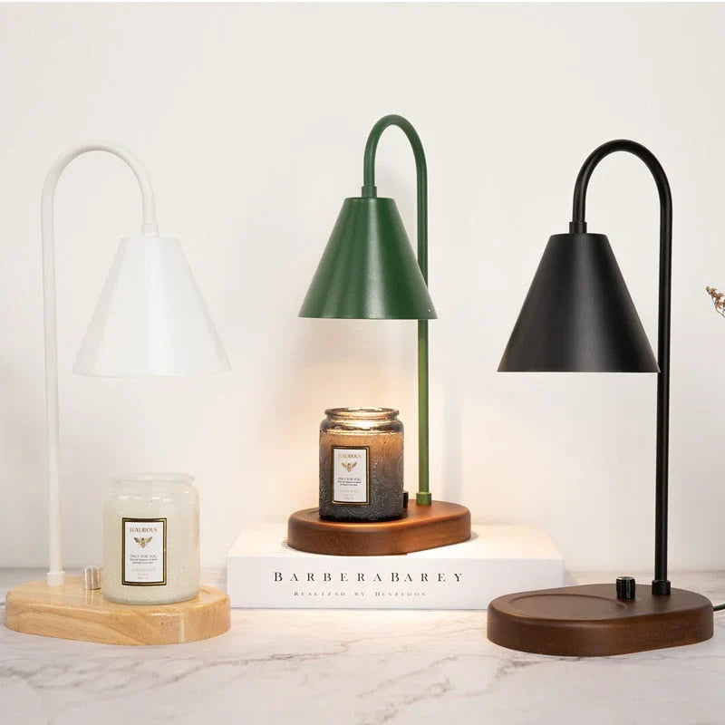 NOUVEAU RICHE Kerzenwärmer mit Dimmer – Candle Warmer Lampe mit Holzfuss & Metallschirm für Duftkerzen, ohne Flamme, inkl. 2 Lampen, 3 Farben