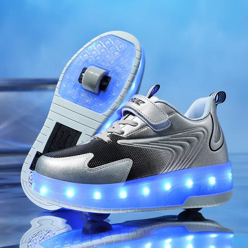 NOUVEAU RICHE LED-Rollschuh-Sneaker für Kinder – Leuchtende Schuhe mit Rollen & Klettverschluss, 4 Farben, Gr. 28–39 812 Silber