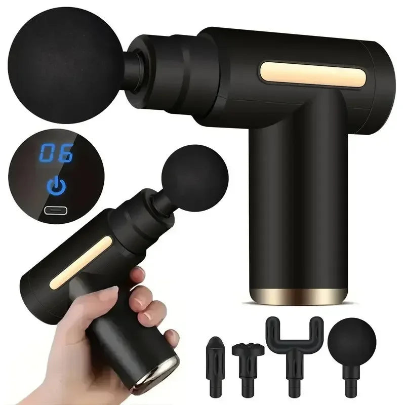 NOUVEAU RICHE USB Mini Massagepistole – kompakte Massage Gun mit 4 Aufsätzen & einstellbarer Intensität – für Sport, Büro & Reisen