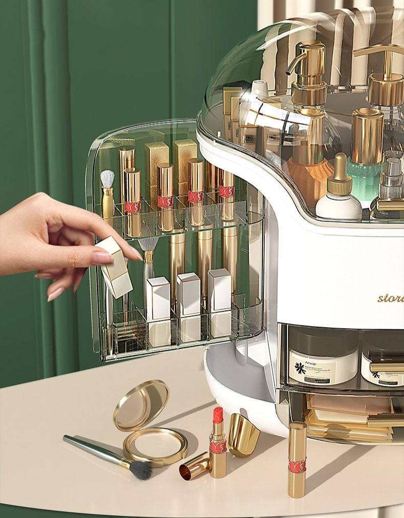 NOUVEAU RICHE Luxus Make-up-Organizer – Staubdichte Kosmetik Aufbewahrungsbox mit Fächern & Deckel, Schminktisch Organizer, Grün oder Weiss