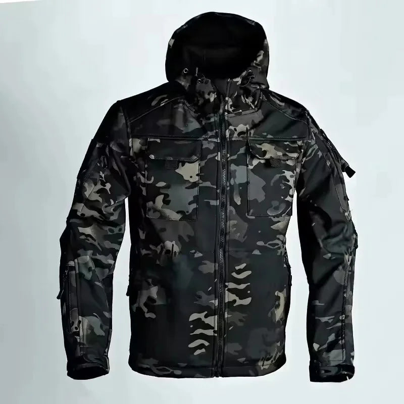NOUVEAU RICHE Herren Softshell Jacke Kapuze Reißverschluss Taschen Tarnung Schwarz