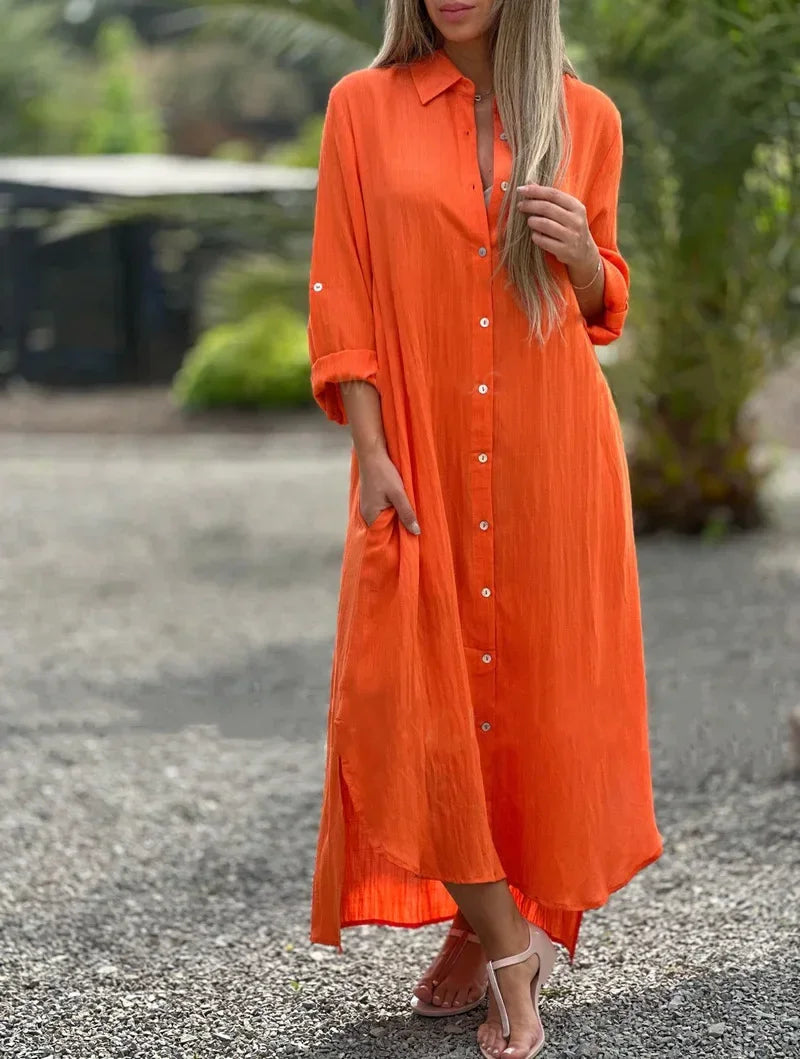 NOUVEAU RICHE Pamelo | Maxikleid mit langärmligem Hemdblusen-Design Orange
