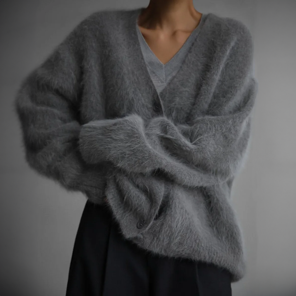 NOUVEAU RICHE Strickcardigan Oversize Flauschig Mohairoptik Damen Beige Sterling grau