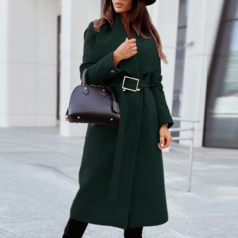 NOUVEAU RICHE Wollmantel Mit Gürtel Eleganter Alltagsmantel Damen Trend - Winterjacke - Wintermäntel Damen Dunkelgrün