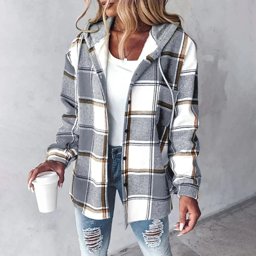 NOUVEAU RICHE Karierte Jacke mit Kapuze – Damen Karojacke mit Kapuze, wärmend & bequem, 6 Farben, S–2XL – Damaris Grau
