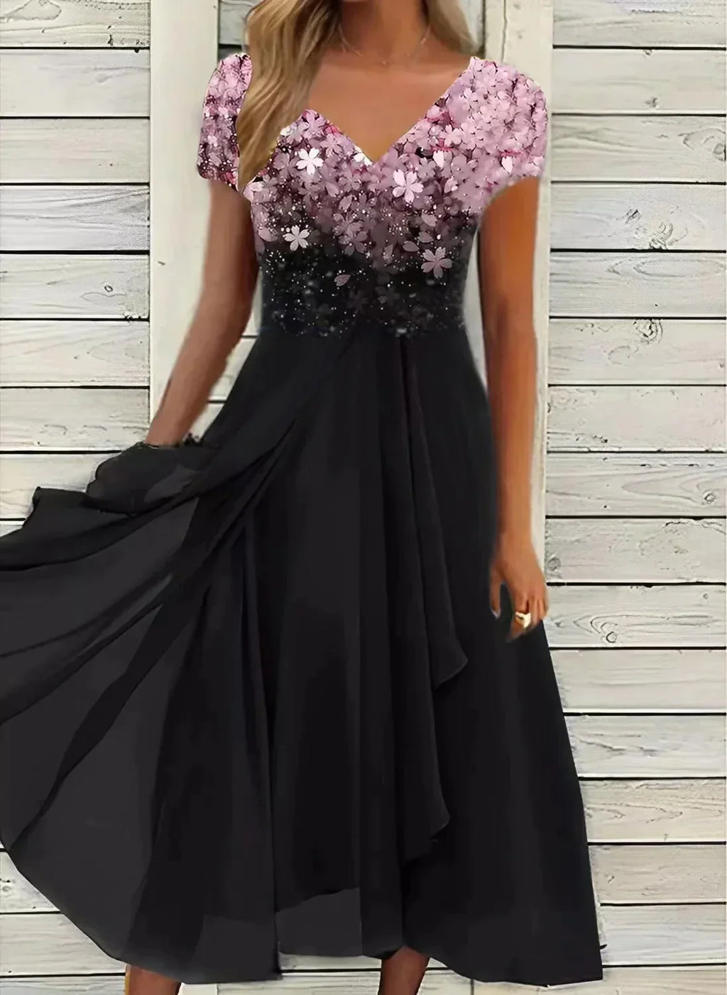 NOUVEAU RICHE Damenkleid Sommer Florales Muster Bequeme Passform Elegant Rosa Schwarz
