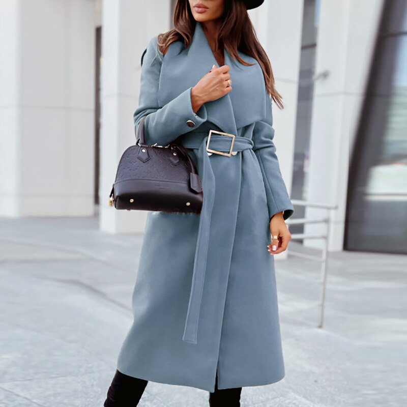 NOUVEAU RICHE Wollmantel Mit Gürtel Eleganter Alltagsmantel Damen Trend - Winterjacke - Wintermäntel Damen Hellblau