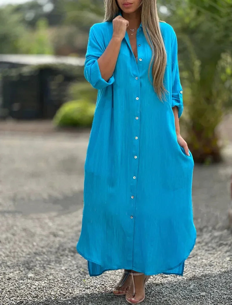 NOUVEAU RICHE Pamelo | Maxikleid mit langärmligem Hemdblusen-Design Babyblau