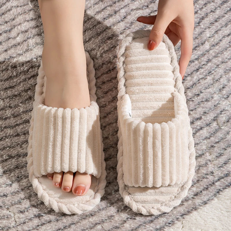 NOUVEAU RICHE Unisex Hausschuhe Mit Offenen Zehen Streifenmuster Wärme Beige