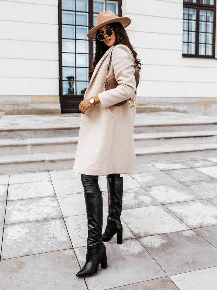 NOUVEAU RICHE Langer Mantel Mit Revers Und Knopf Für Jeden Tag Stil - Winterjacke - Wintermäntel Damen Beige