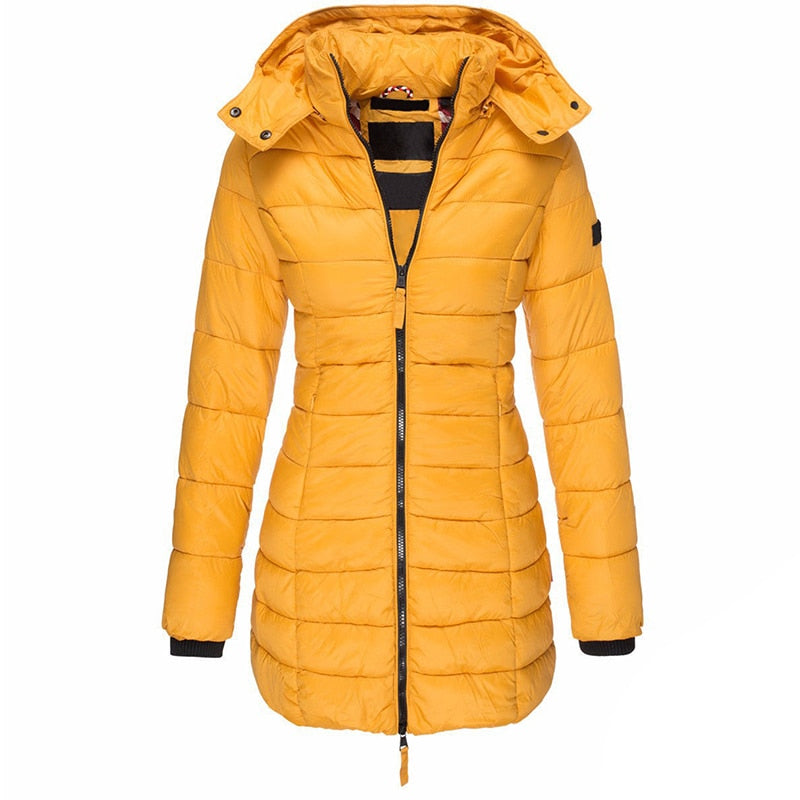 NOUVEAU RICHE Damen Parka Mantel Lange Winterjacke Kapuze Daunenfüllung - Winterjacke - Wintermäntel Damen Gelb