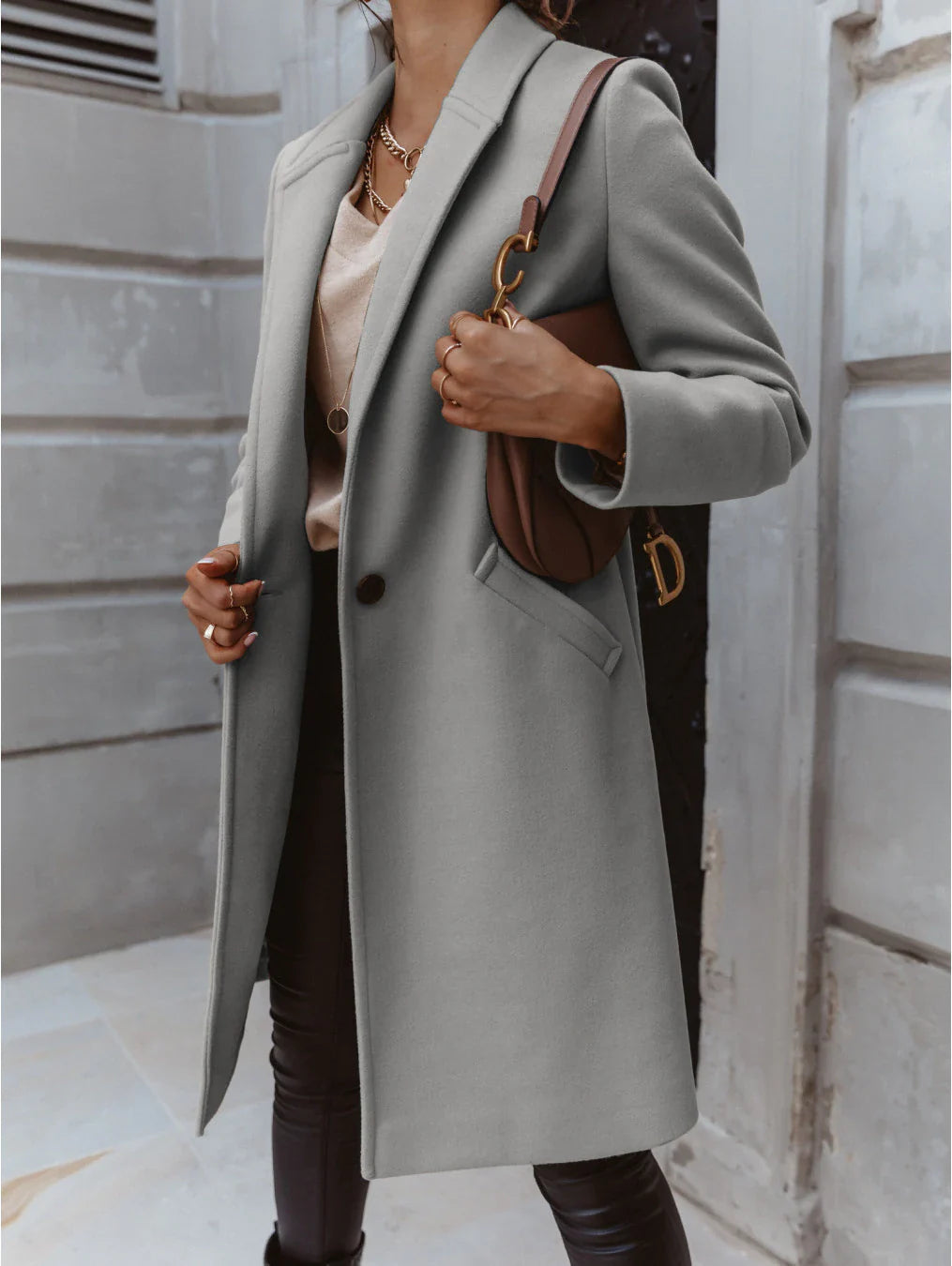 NOUVEAU RICHE Langer Mantel Mit Revers Und Knopf Für Jeden Tag Stil - Winterjacke - Wintermäntel Damen Grau