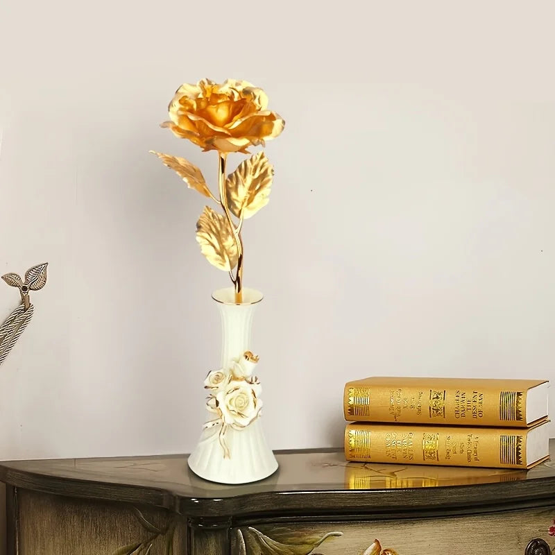 NOUVEAU RICHE Vergoldete Ewige Rose mit Geschenkbox & Grußkarte – Künstliche Ewige Rose als Deko-Geschenk zum Valentinstag, Muttertag & Jahrestag