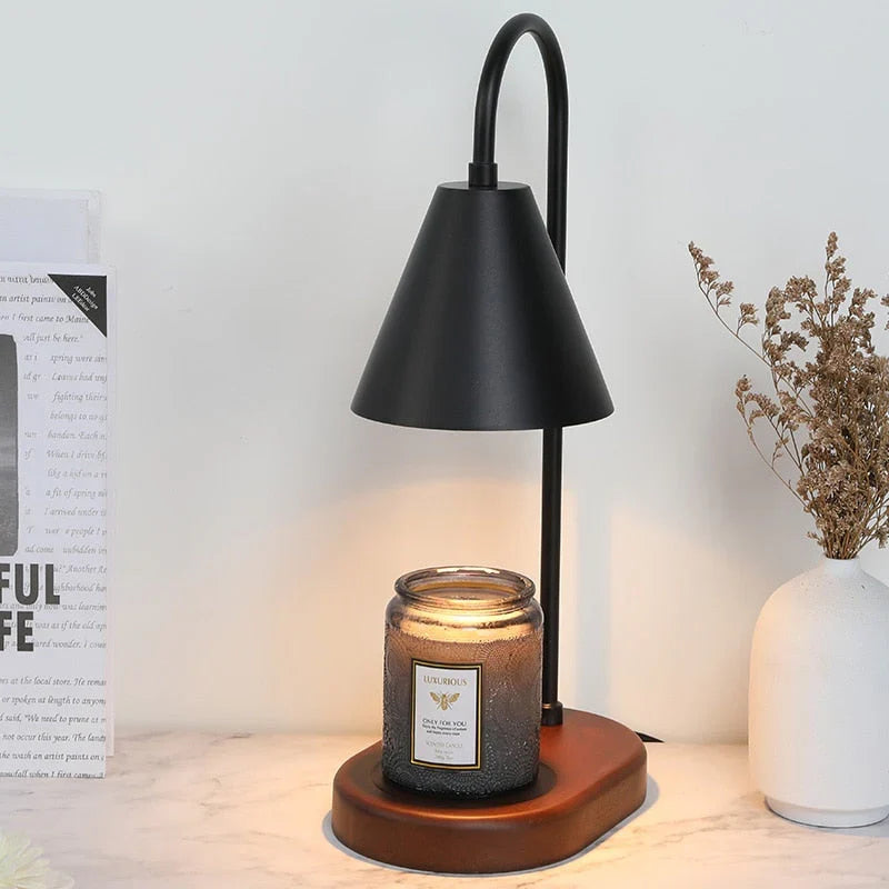 NOUVEAU RICHE Kerzenwärmer mit Dimmer – Candle Warmer Lampe mit Holzfuss & Metallschirm für Duftkerzen, ohne Flamme, inkl. 2 Lampen, 3 Farben Schwarz