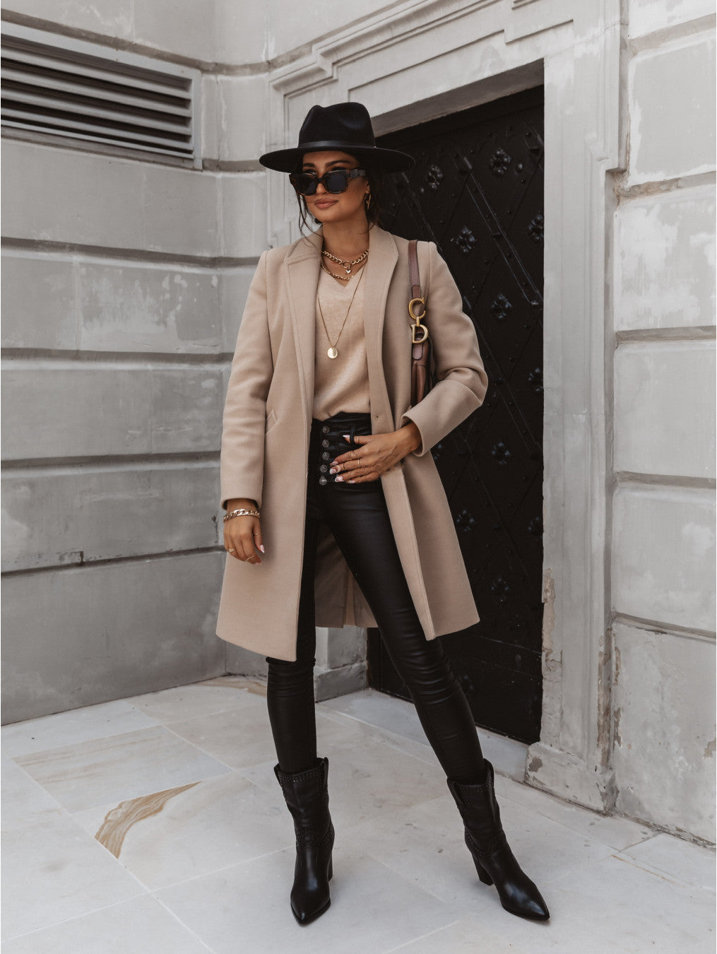 NOUVEAU RICHE Langer Mantel Mit Revers Und Knopf Für Jeden Tag Stil - Winterjacke - Wintermäntel Damen Aprikose
