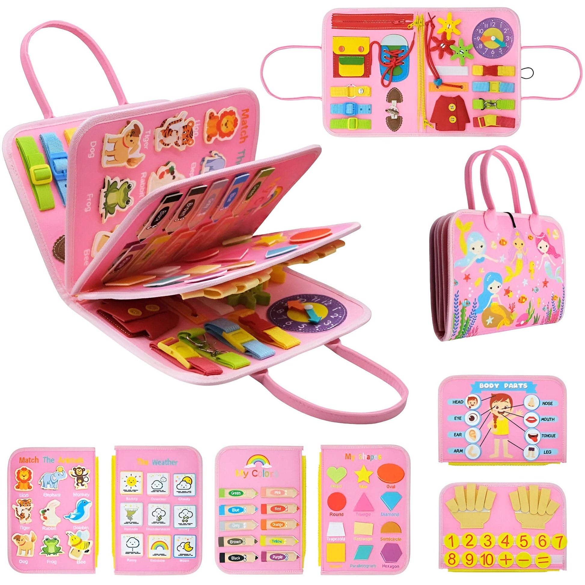 NOUVEAU RICHE Fesselndes Montessori-Aktivitätsbuch für Kleinkinder – Fördere die Feinmotorik mit Schnürsenkeln, Druckknöpfen und Schnallen Rosa