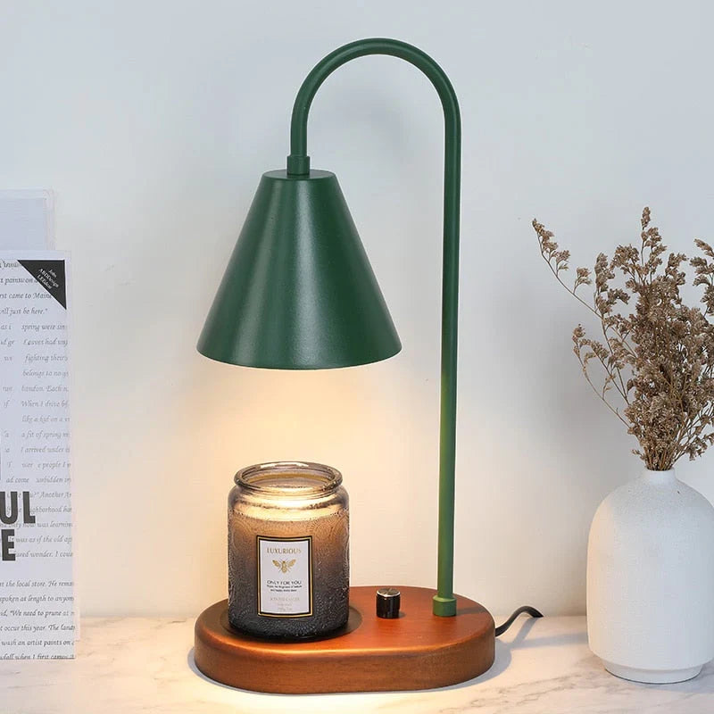 NOUVEAU RICHE Kerzenwärmer mit Dimmer – Candle Warmer Lampe mit Holzfuss & Metallschirm für Duftkerzen, ohne Flamme, inkl. 2 Lampen, 3 Farben