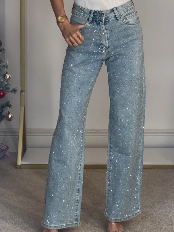 NOUVEAU RICHE Damen High-Waist Jeans – Funkelnde Details & Bequeme Passform Blauw
