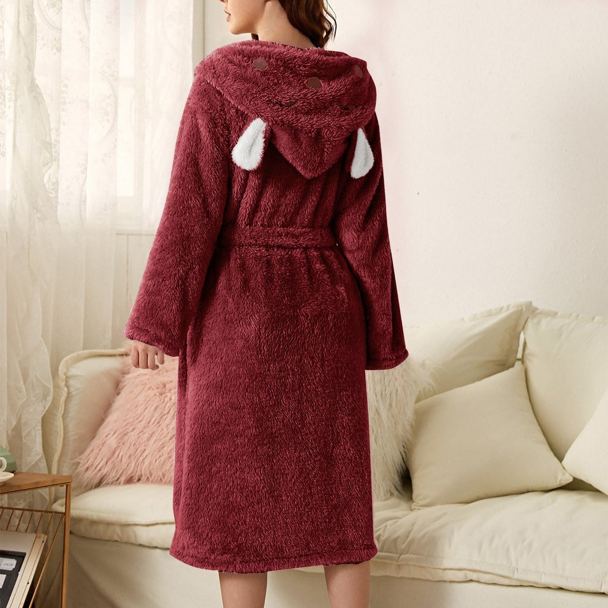 NOUVEAU RICHE Süsser Bademantel mit Tierkapuze – Weicher Plüsch Morgenmantel mit Hasen- oder Fuchskapuze, lang & warm, S–XXL – Zahara