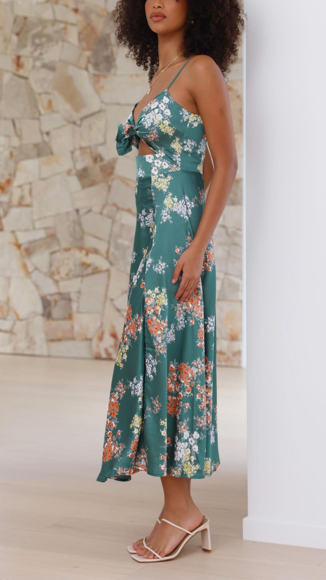 NOUVEAU RICHE Satin Floral Split Chest Knot Cutout MidiKleid Frontschlitz