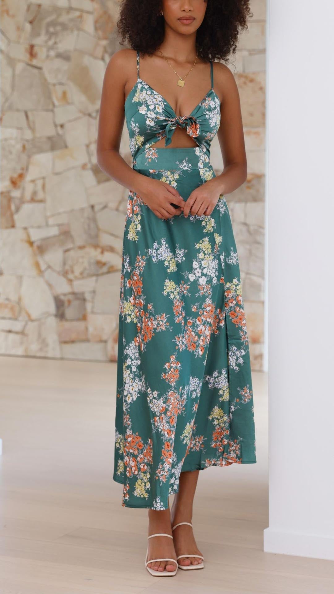 NOUVEAU RICHE Satin Floral Split Chest Knot Cutout MidiKleid Frontschlitz