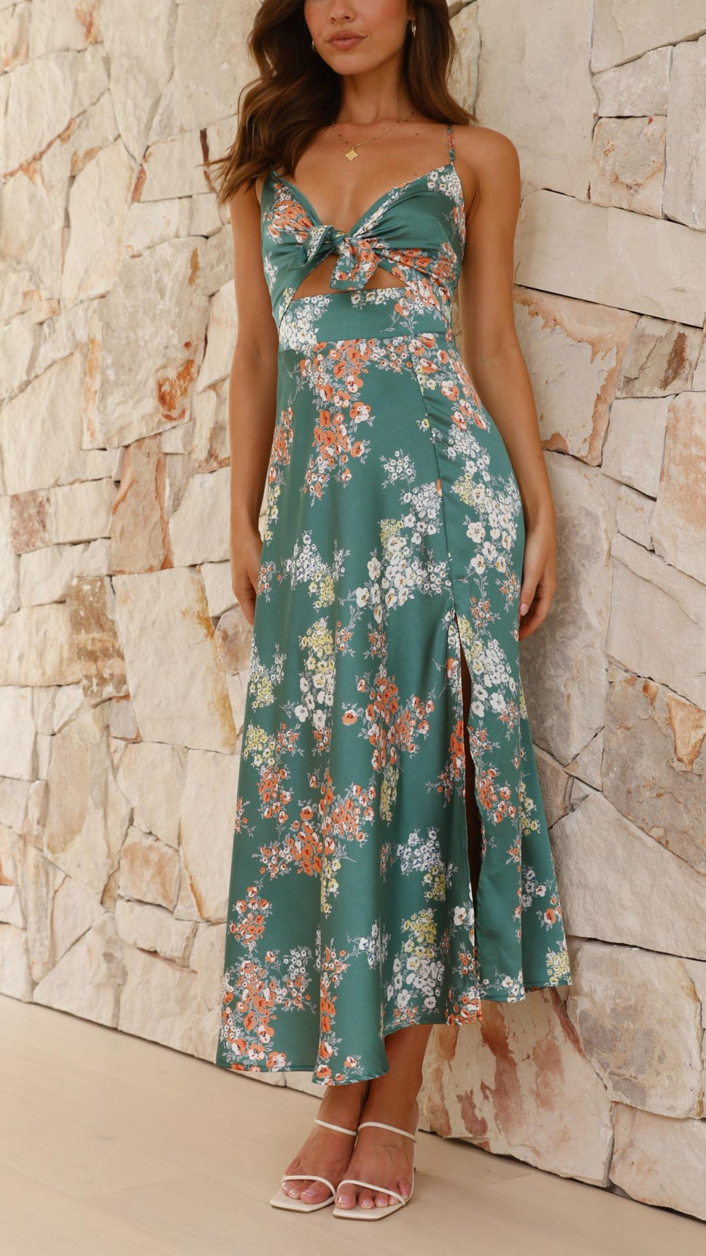NOUVEAU RICHE Satin Floral Split Chest Knot Cutout MidiKleid Frontschlitz