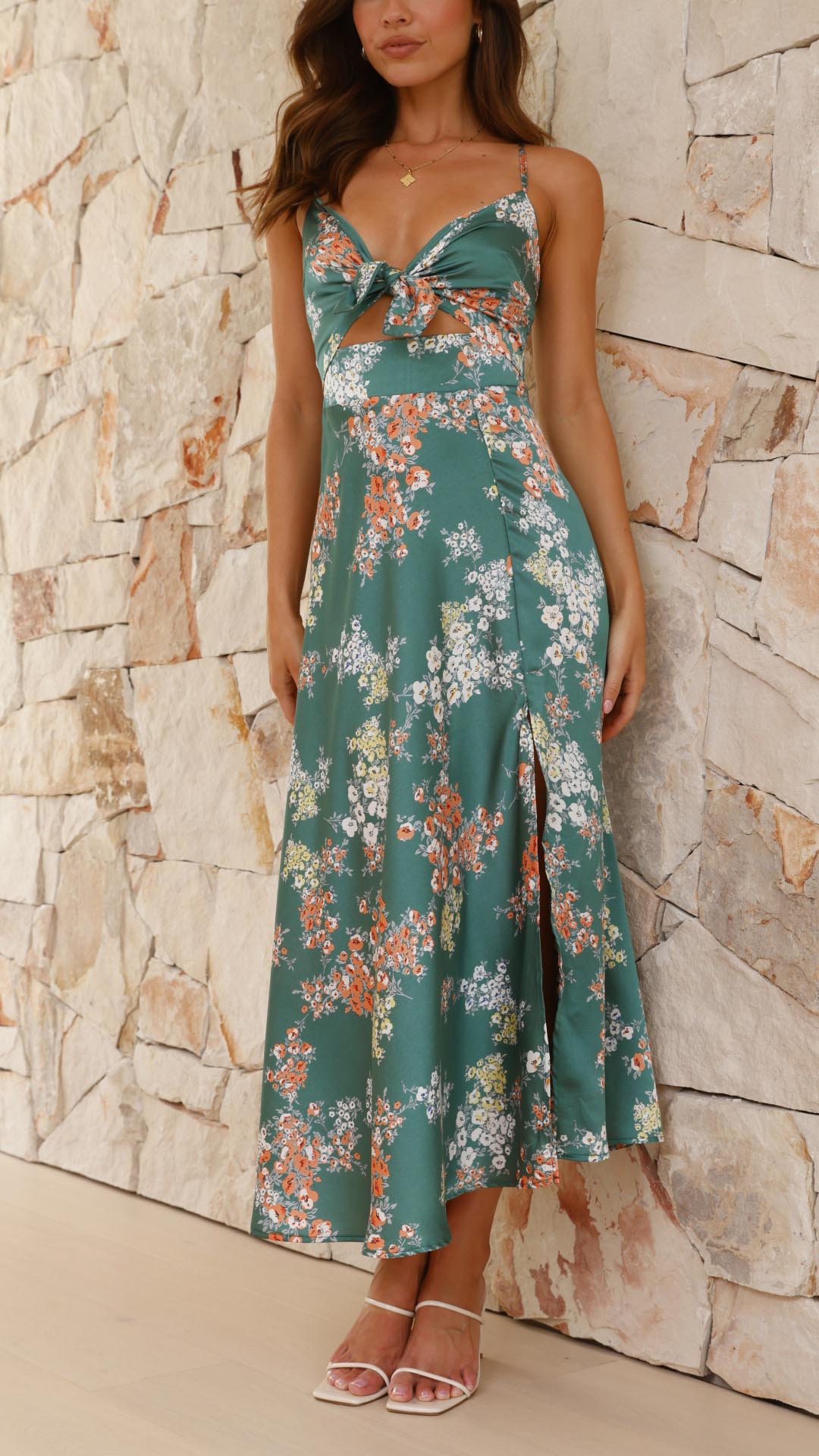 NOUVEAU RICHE Satin Floral Split Chest Knot Cutout MidiKleid Frontschlitz